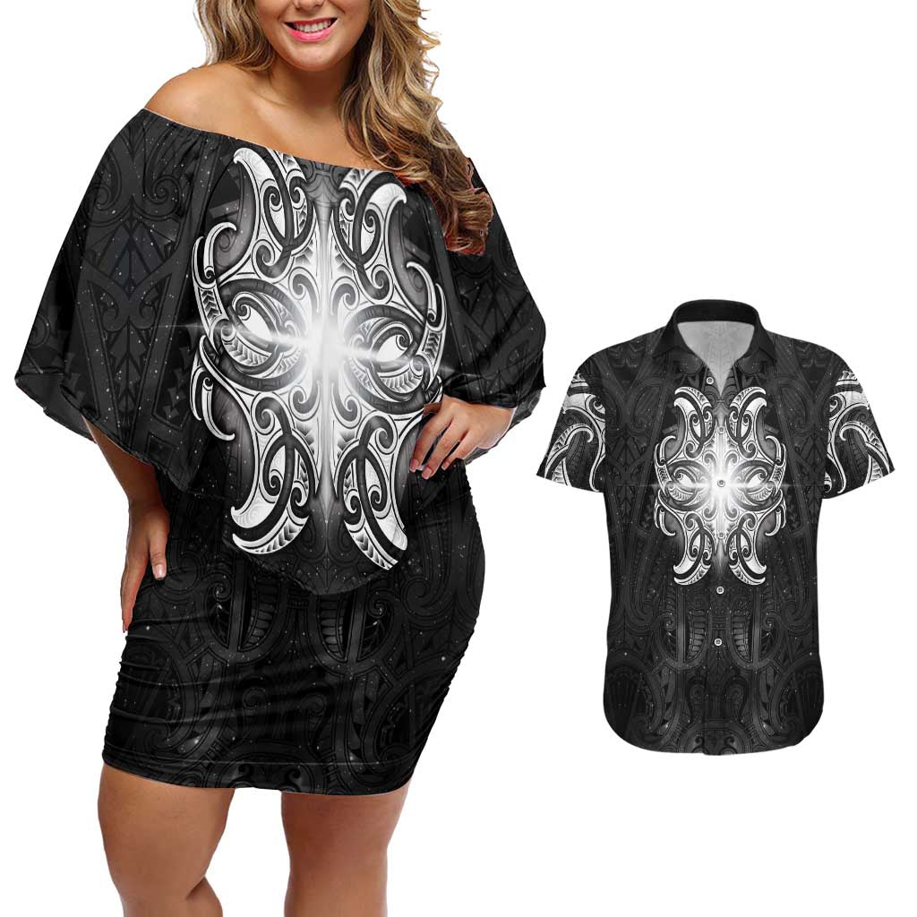 New Zealand Matariki Couples Matching Off Shoulder Short Dress and Hawaiian Shirt Maori Moko Black Galaxy