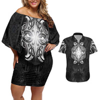 New Zealand Matariki Couples Matching Off Shoulder Short Dress and Hawaiian Shirt Maori Moko Black Galaxy