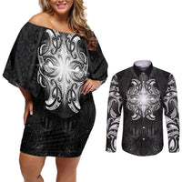 New Zealand Matariki Couples Matching Off Shoulder Short Dress and Long Sleeve Button Shirt Maori Moko Black Galaxy
