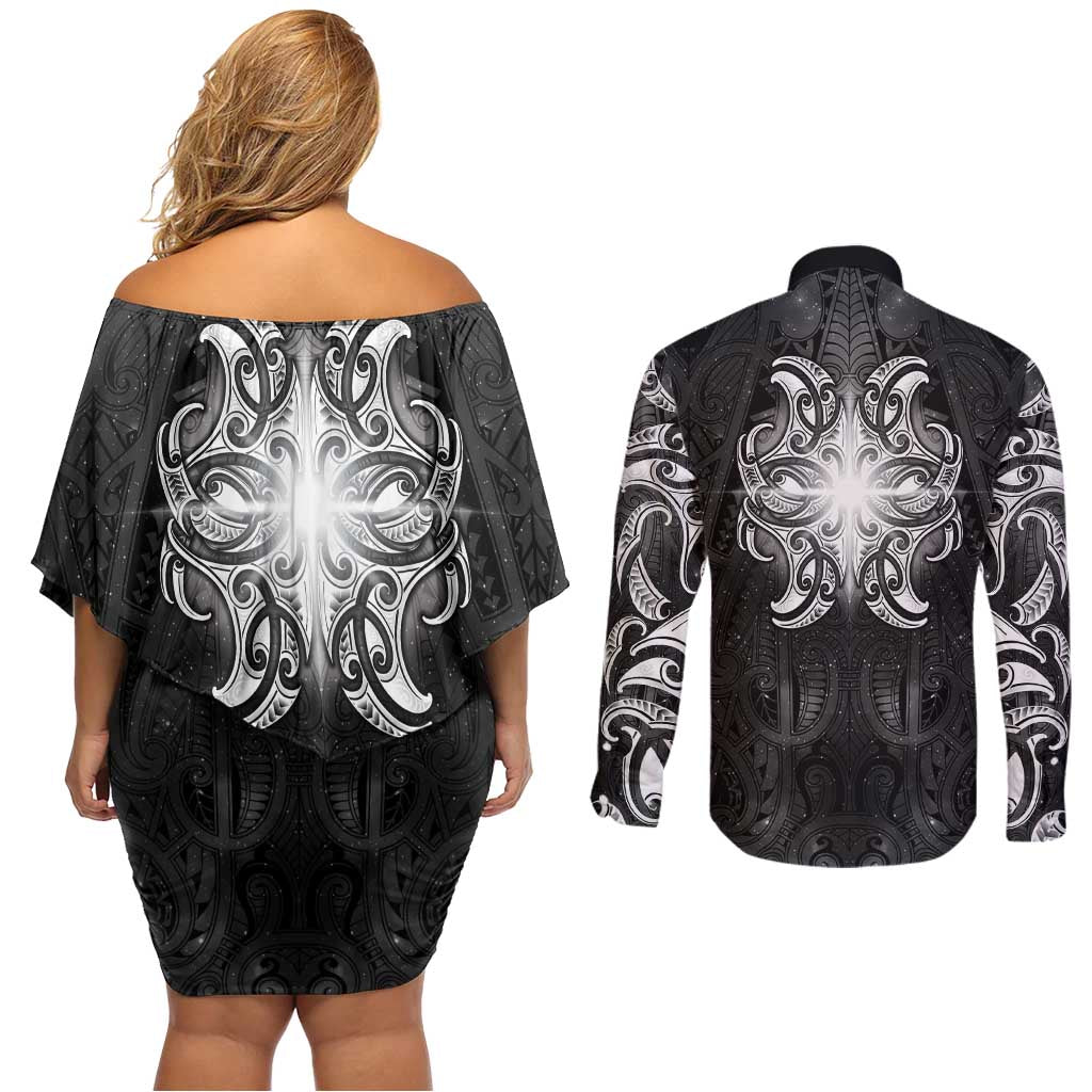New Zealand Matariki Couples Matching Off Shoulder Short Dress and Long Sleeve Button Shirt Maori Moko Black Galaxy