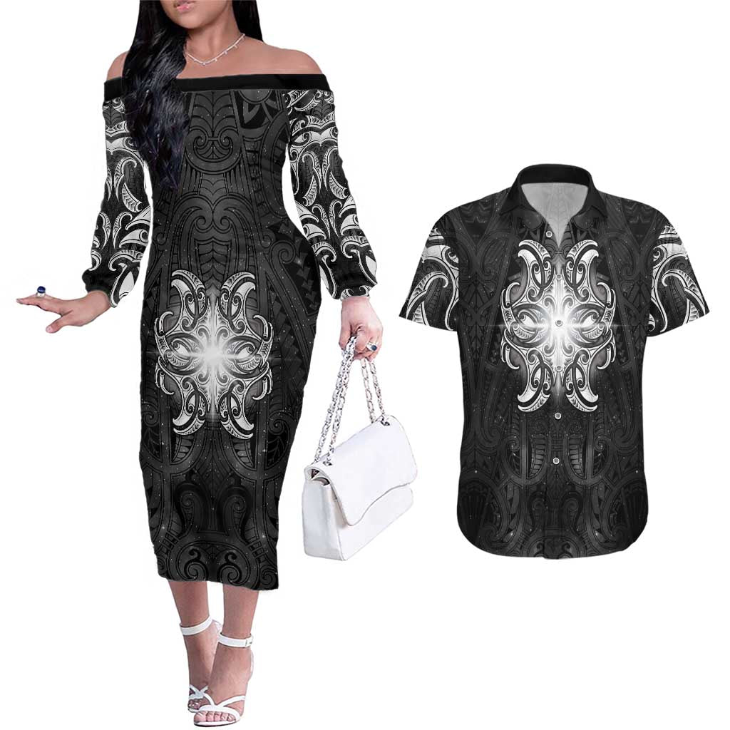 New Zealand Matariki Couples Matching Off The Shoulder Long Sleeve Dress and Hawaiian Shirt Maori Moko Black Galaxy
