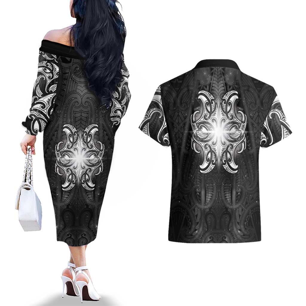 New Zealand Matariki Couples Matching Off The Shoulder Long Sleeve Dress and Hawaiian Shirt Maori Moko Black Galaxy