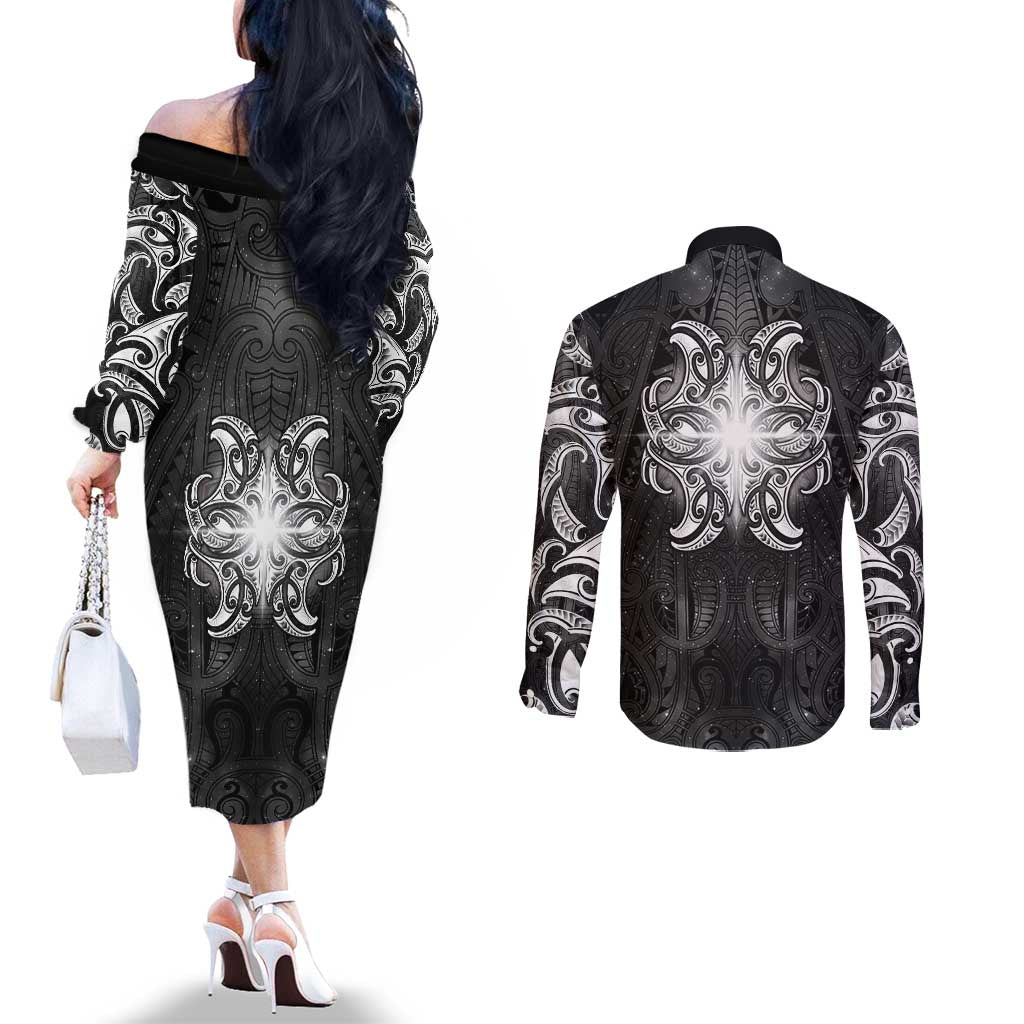New Zealand Matariki Couples Matching Off The Shoulder Long Sleeve Dress and Long Sleeve Button Shirt Maori Moko Black Galaxy