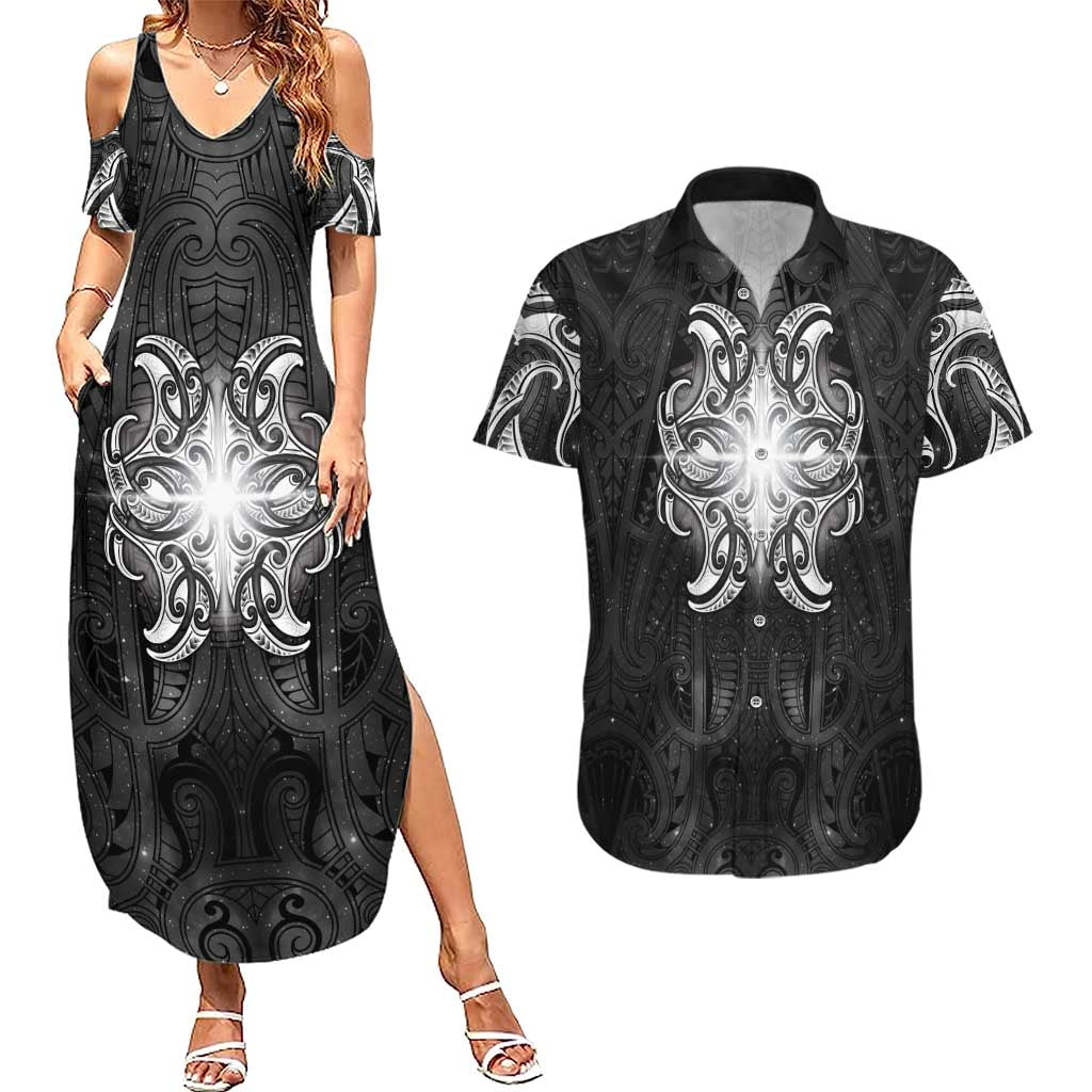 New Zealand Matariki Couples Matching Summer Maxi Dress and Hawaiian Shirt Maori Moko Black Galaxy