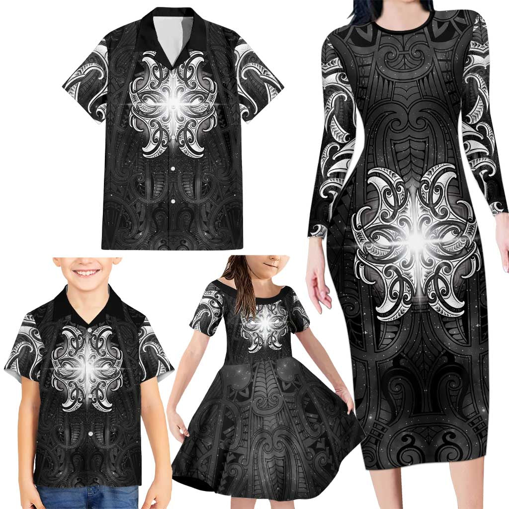 New Zealand Matariki Family Matching Long Sleeve Bodycon Dress and Hawaiian Shirt Maori Moko Black Galaxy