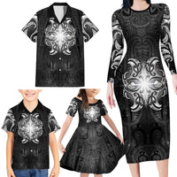New Zealand Matariki Family Matching Long Sleeve Bodycon Dress and Hawaiian Shirt Maori Moko Black Galaxy