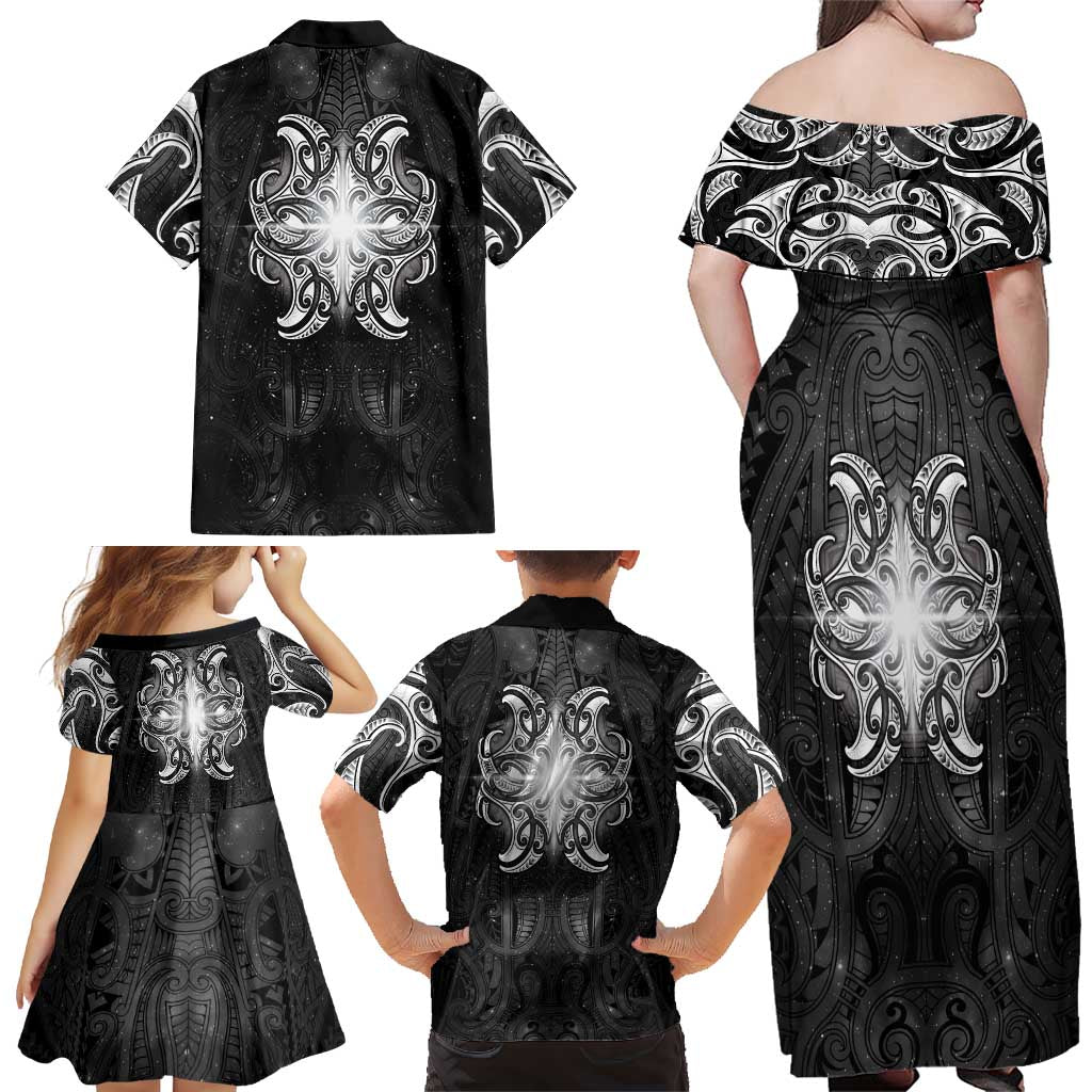 New Zealand Matariki Family Matching Off Shoulder Maxi Dress and Hawaiian Shirt Maori Moko Black Galaxy