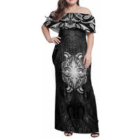 New Zealand Matariki Family Matching Off Shoulder Maxi Dress and Hawaiian Shirt Maori Moko Black Galaxy