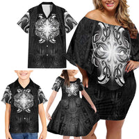 New Zealand Matariki Family Matching Off Shoulder Short Dress and Hawaiian Shirt Maori Moko Black Galaxy