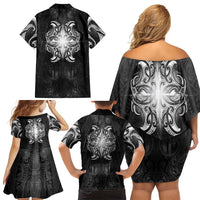New Zealand Matariki Family Matching Off Shoulder Short Dress and Hawaiian Shirt Maori Moko Black Galaxy