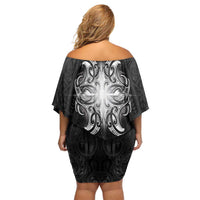 New Zealand Matariki Family Matching Off Shoulder Short Dress and Hawaiian Shirt Maori Moko Black Galaxy