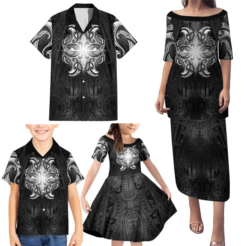 New Zealand Matariki Family Matching Puletasi and Hawaiian Shirt Maori Moko Black Galaxy