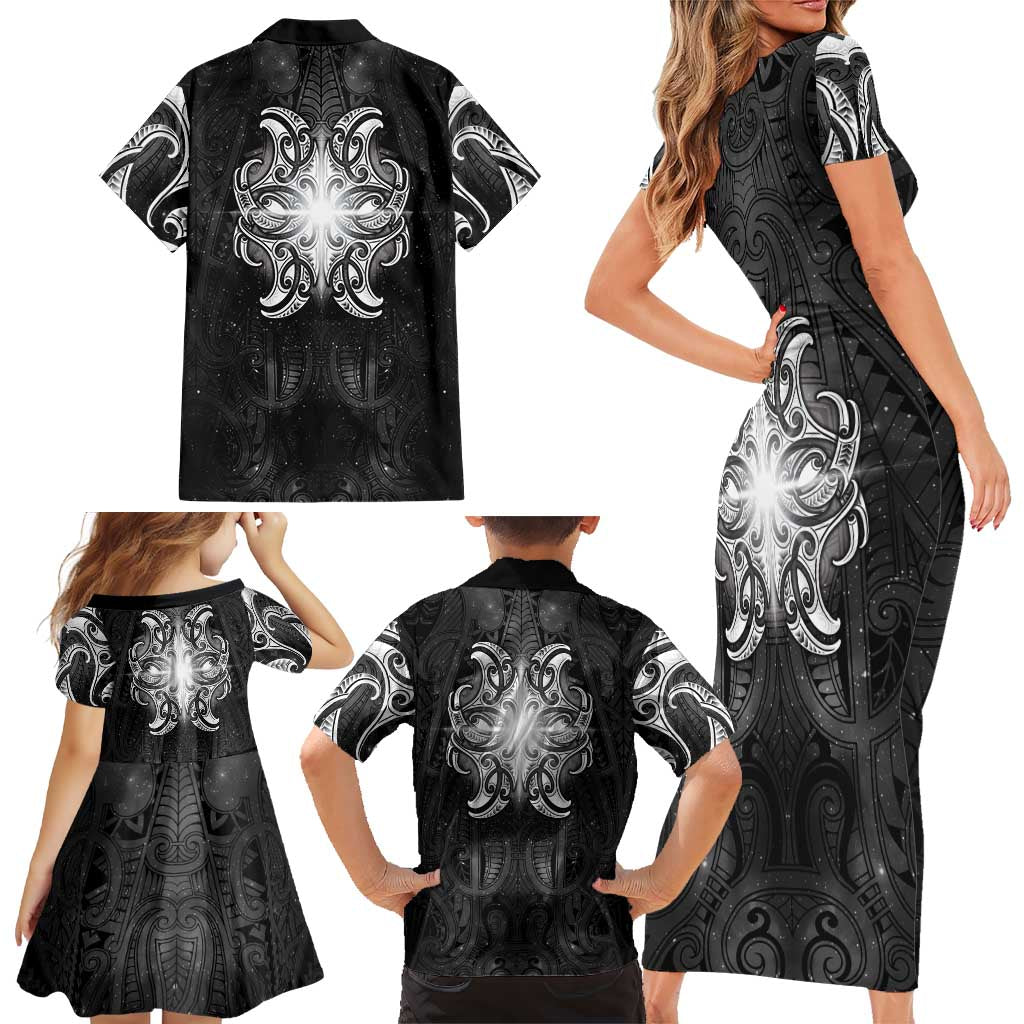 New Zealand Matariki Family Matching Short Sleeve Bodycon Dress and Hawaiian Shirt Maori Moko Black Galaxy