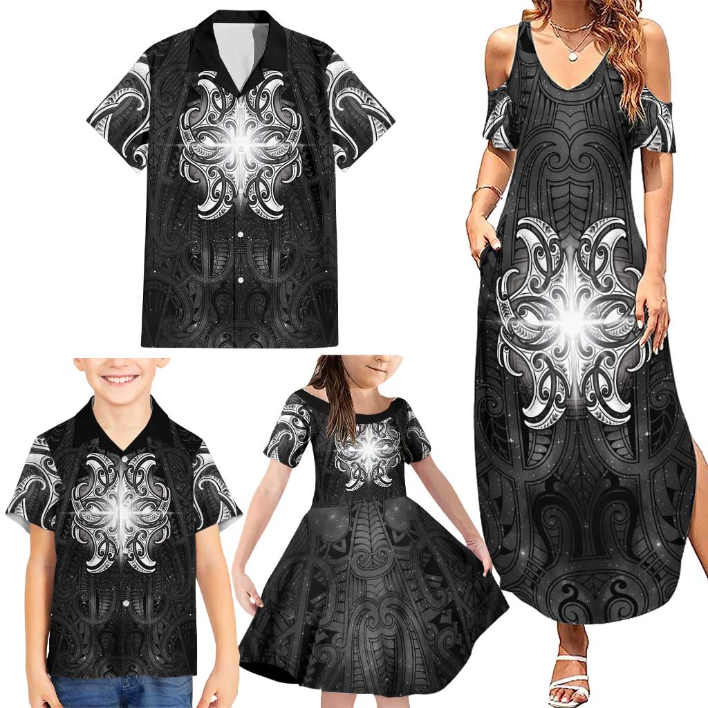 New Zealand Matariki Family Matching Summer Maxi Dress and Hawaiian Shirt Maori Moko Black Galaxy