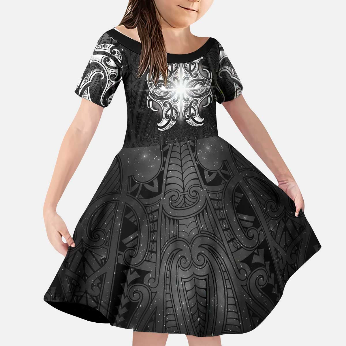 New Zealand Matariki Kid Short Sleeve Dress Maori Moko Black Galaxy