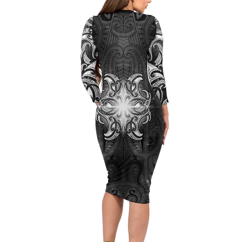 New Zealand Matariki Long Sleeve Bodycon Dress Maori Moko Black Galaxy