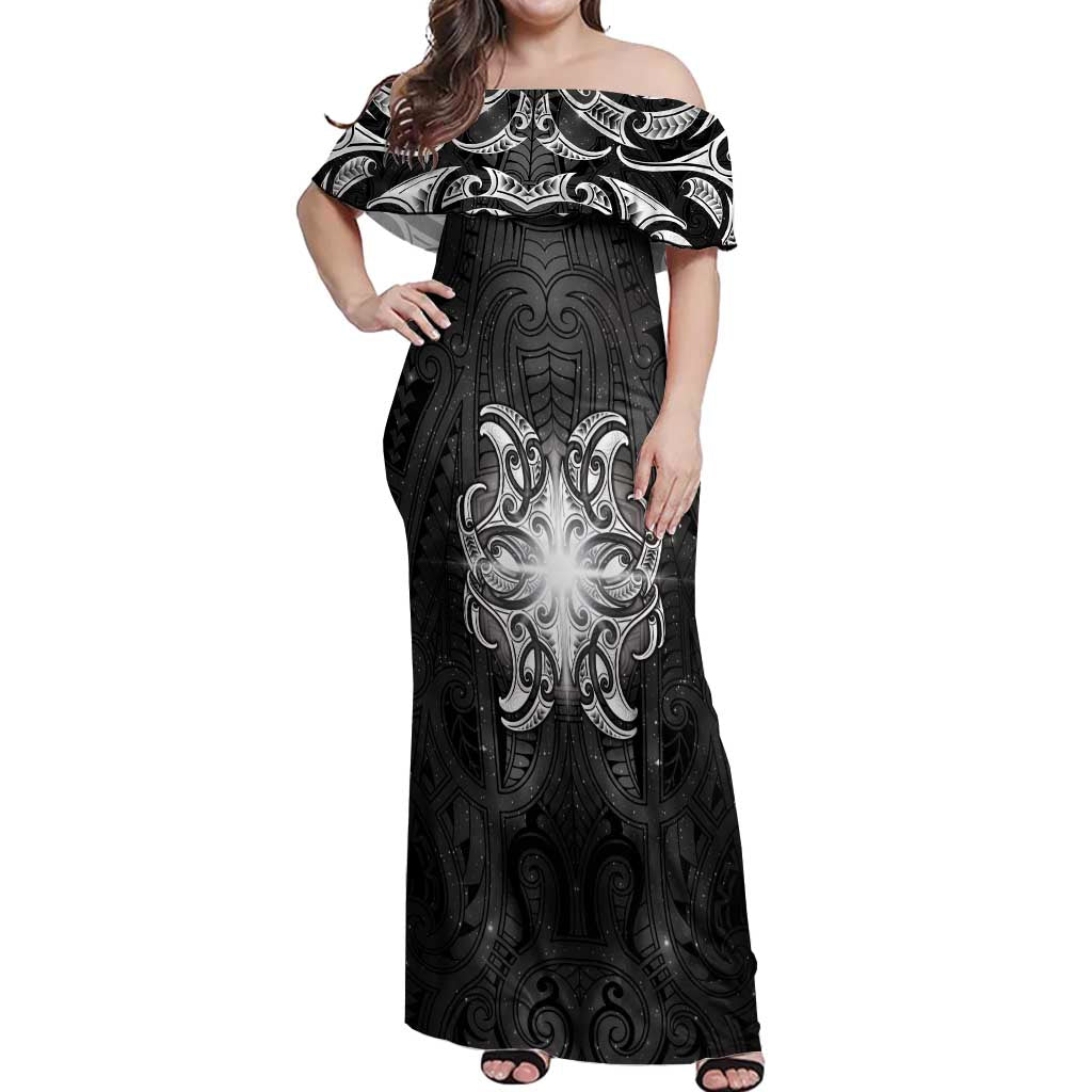 New Zealand Matariki Off Shoulder Maxi Dress Maori Moko Black Galaxy