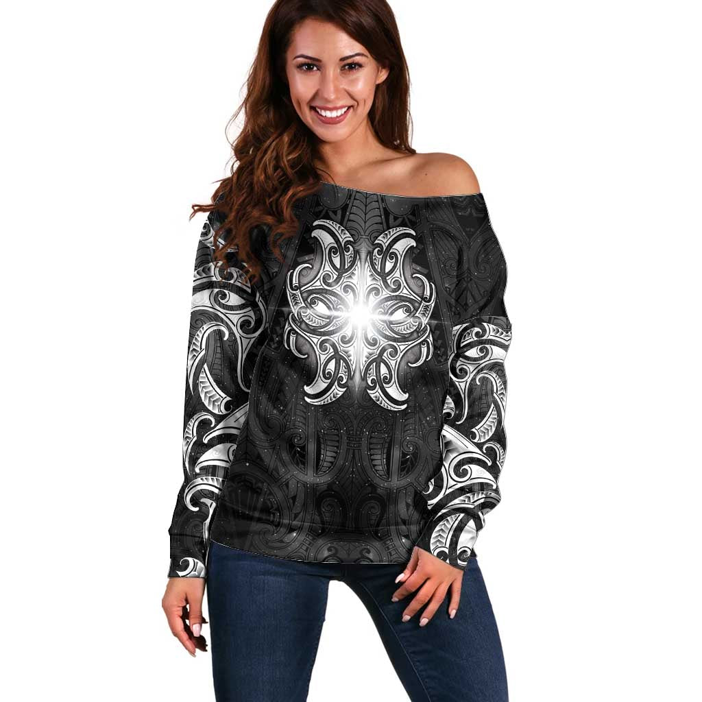 New Zealand Matariki Off Shoulder Sweater Maori Moko Black Galaxy LT05 Women Black - Polynesian Pride