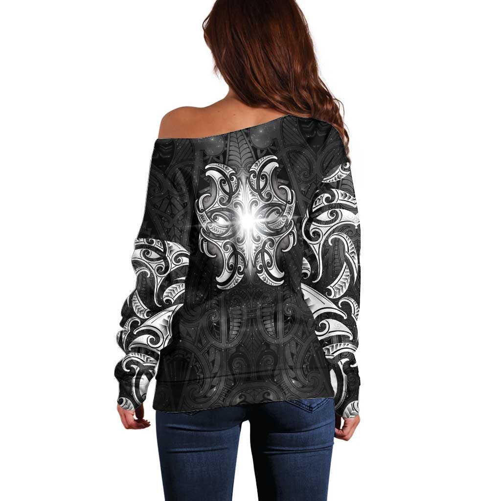 New Zealand Matariki Off Shoulder Sweater Maori Moko Black Galaxy LT05 - Polynesian Pride