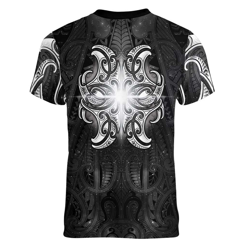 New Zealand Matariki Women V-Neck T-Shirt Maori Moko Black Galaxy