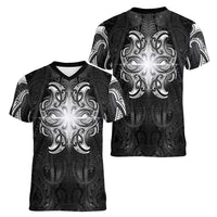 New Zealand Matariki Women V-Neck T-Shirt Maori Moko Black Galaxy