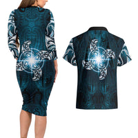 New Zealand Matariki Waita Couples Matching Long Sleeve Bodycon Dress and Hawaiian Shirt Maori Moko Dark Blue Galaxy