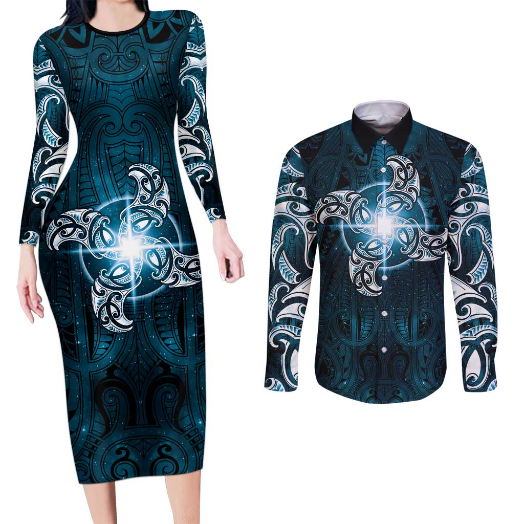 New Zealand Matariki Waita Couples Matching Long Sleeve Bodycon Dress and Long Sleeve Button Shirt Maori Moko Dark Blue Galaxy LT05 Blue - Polynesian Pride