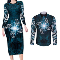 New Zealand Matariki Waita Couples Matching Long Sleeve Bodycon Dress and Long Sleeve Button Shirt Maori Moko Dark Blue Galaxy LT05 Blue - Polynesian Pride