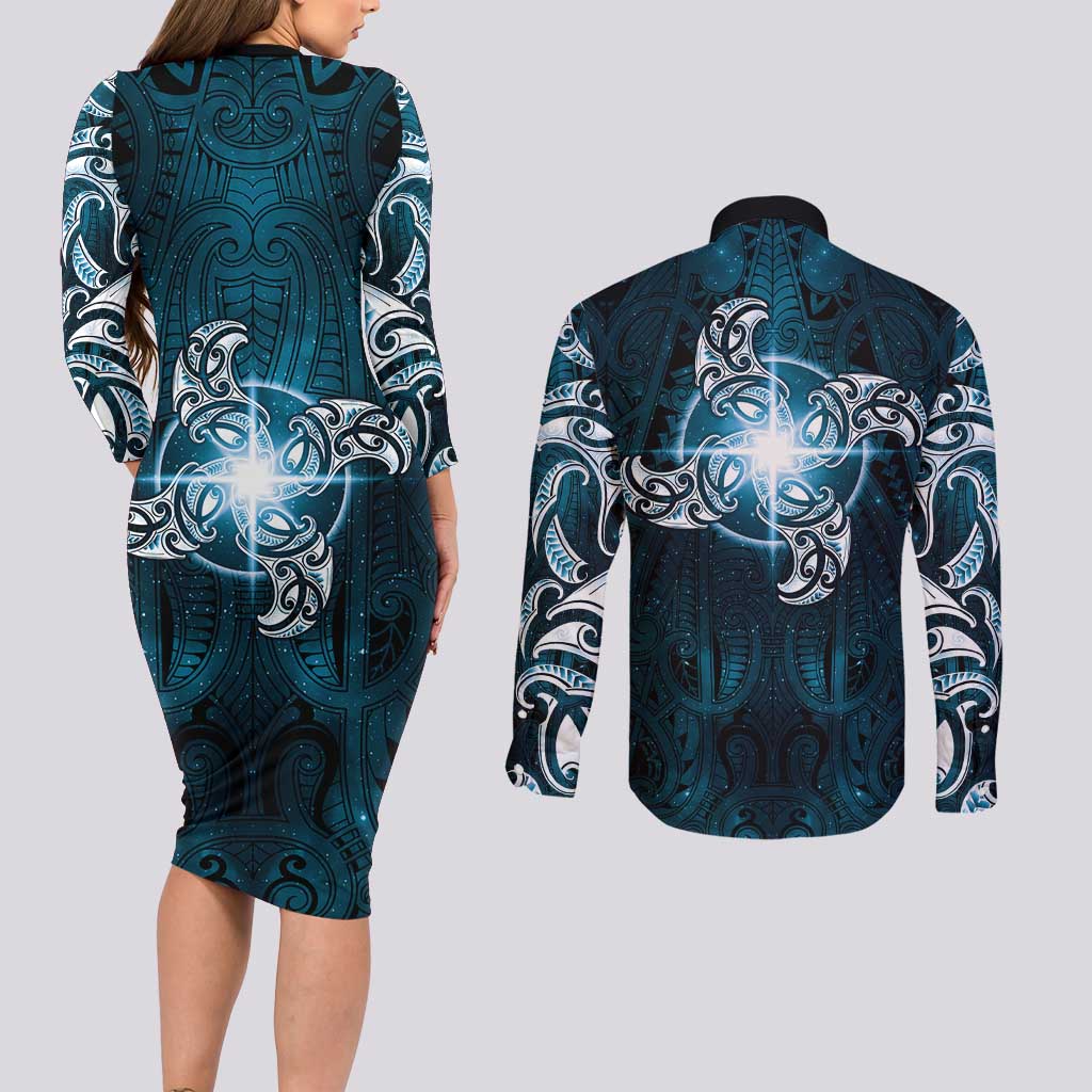 New Zealand Matariki Waita Couples Matching Long Sleeve Bodycon Dress and Long Sleeve Button Shirt Maori Moko Dark Blue Galaxy LT05 - Polynesian Pride