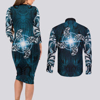 New Zealand Matariki Waita Couples Matching Long Sleeve Bodycon Dress and Long Sleeve Button Shirt Maori Moko Dark Blue Galaxy LT05 - Polynesian Pride