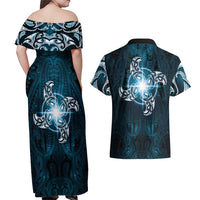 New Zealand Matariki Waita Couples Matching Off Shoulder Maxi Dress and Hawaiian Shirt Maori Moko Dark Blue Galaxy
