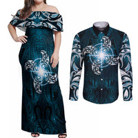 New Zealand Matariki Waita Couples Matching Off Shoulder Maxi Dress and Long Sleeve Button Shirt Maori Moko Dark Blue Galaxy