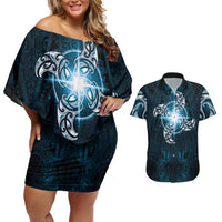 New Zealand Matariki Waita Couples Matching Off Shoulder Short Dress and Hawaiian Shirt Maori Moko Dark Blue Galaxy