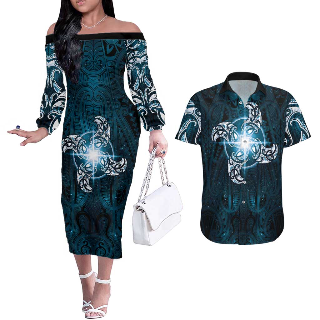 New Zealand Matariki Waita Couples Matching Off The Shoulder Long Sleeve Dress and Hawaiian Shirt Maori Moko Dark Blue Galaxy LT05 Blue - Polynesian Pride