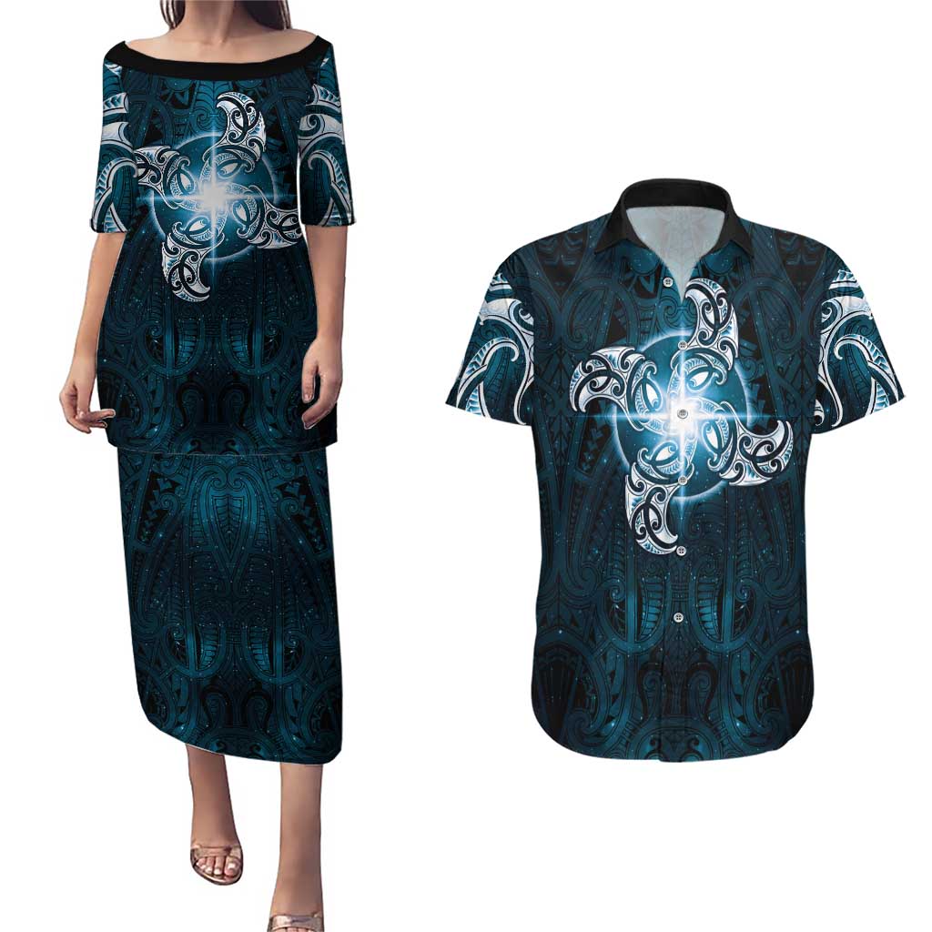 New Zealand Matariki Waita Couples Matching Puletasi and Hawaiian Shirt Maori Moko Dark Blue Galaxy