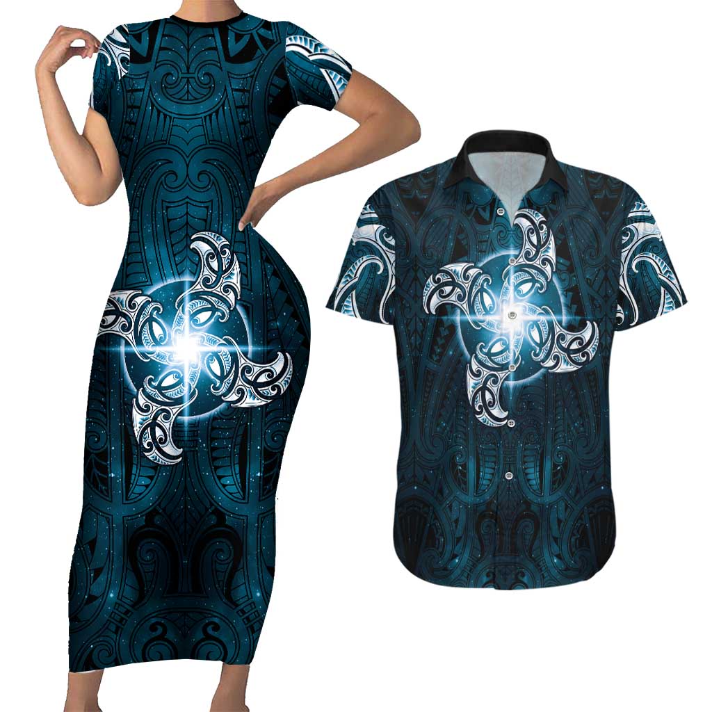 New Zealand Matariki Waita Couples Matching Short Sleeve Bodycon Dress and Hawaiian Shirt Maori Moko Dark Blue Galaxy