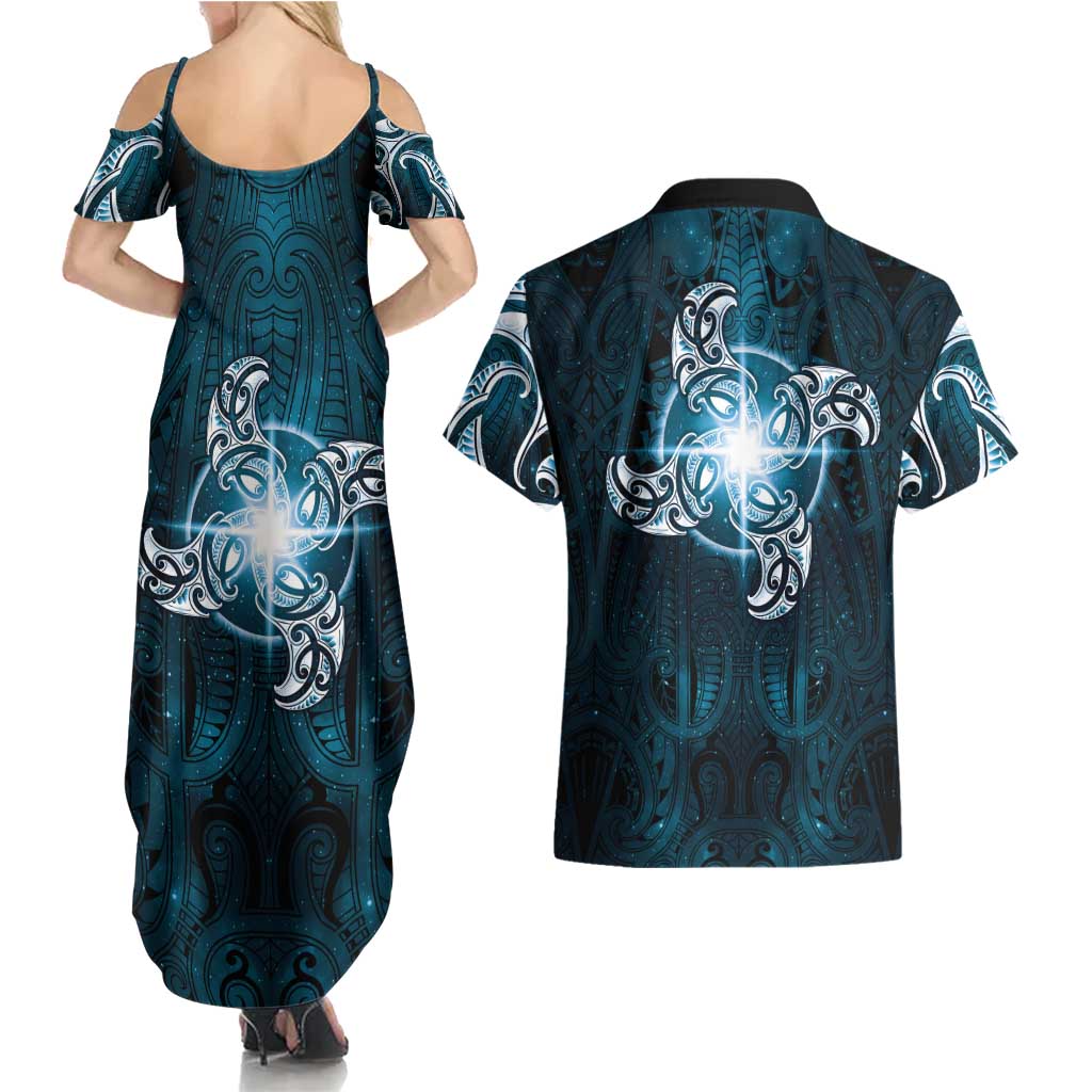 New Zealand Matariki Waita Couples Matching Summer Maxi Dress and Hawaiian Shirt Maori Moko Dark Blue Galaxy