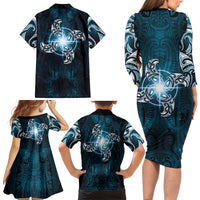 New Zealand Matariki Waita Family Matching Long Sleeve Bodycon Dress and Hawaiian Shirt Maori Moko Dark Blue Galaxy