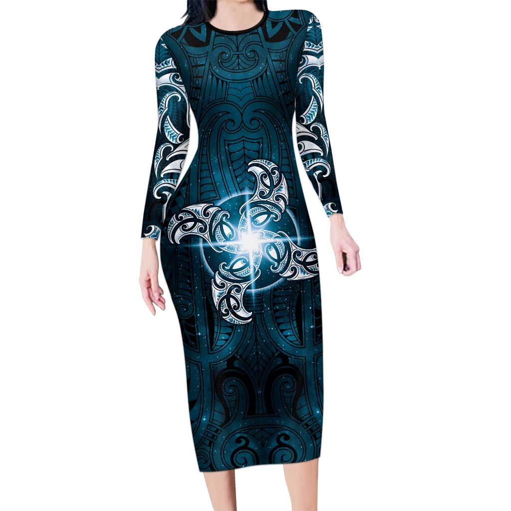 New Zealand Matariki Waita Family Matching Long Sleeve Bodycon Dress and Hawaiian Shirt Maori Moko Dark Blue Galaxy