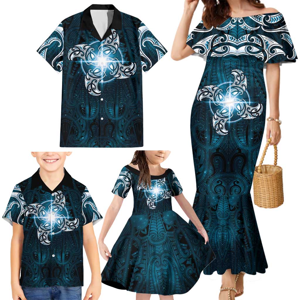 New Zealand Matariki Waita Family Matching Mermaid Dress and Hawaiian Shirt Maori Moko Dark Blue Galaxy LT05 - Polynesian Pride