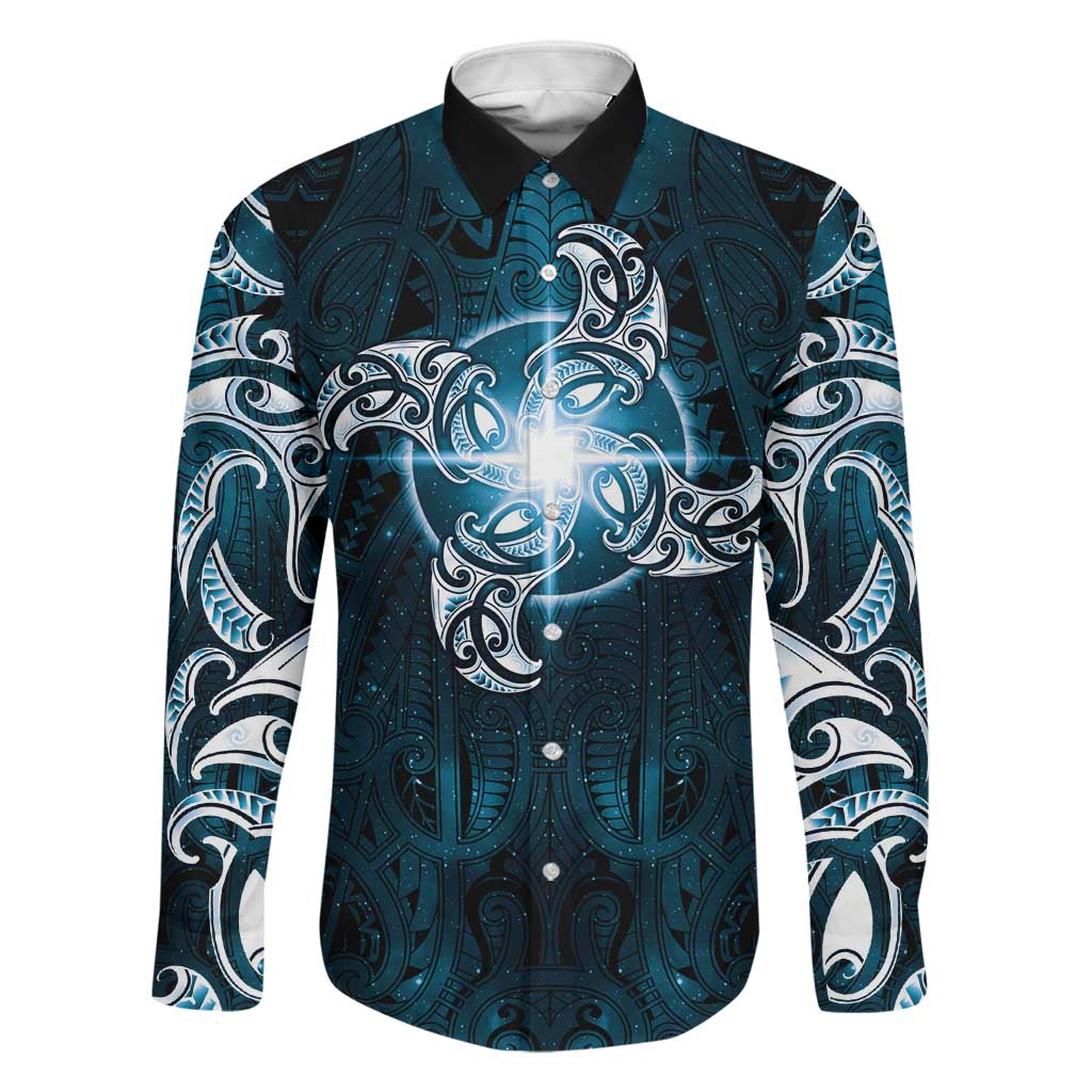 New Zealand Matariki Waita Family Matching Mermaid Dress and Hawaiian Shirt Maori Moko Dark Blue Galaxy LT05 Dad's Shirt - Long Sleeve Blue - Polynesian Pride