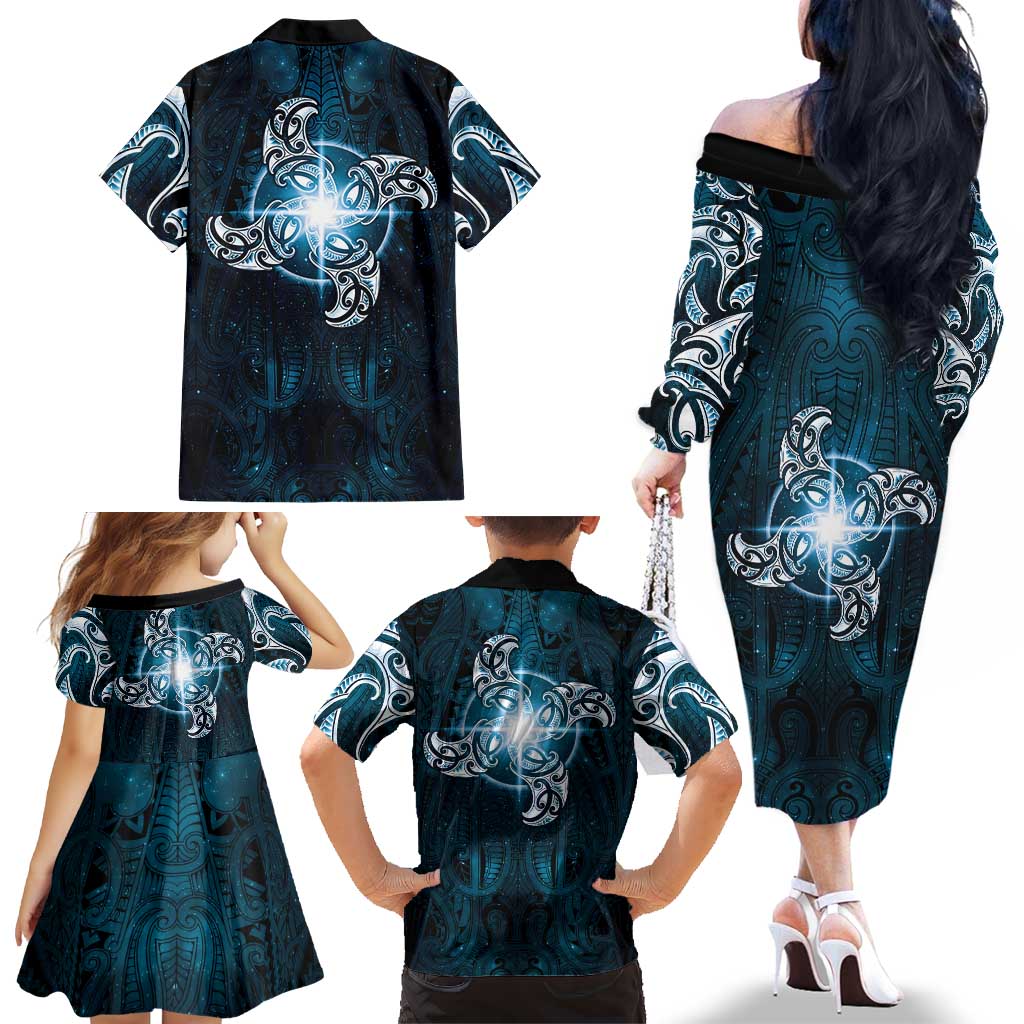 New Zealand Matariki Waita Family Matching Off The Shoulder Long Sleeve Dress and Hawaiian Shirt Maori Moko Dark Blue Galaxy