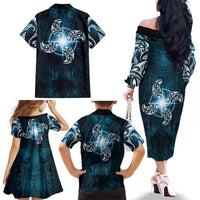 New Zealand Matariki Waita Family Matching Off The Shoulder Long Sleeve Dress and Hawaiian Shirt Maori Moko Dark Blue Galaxy