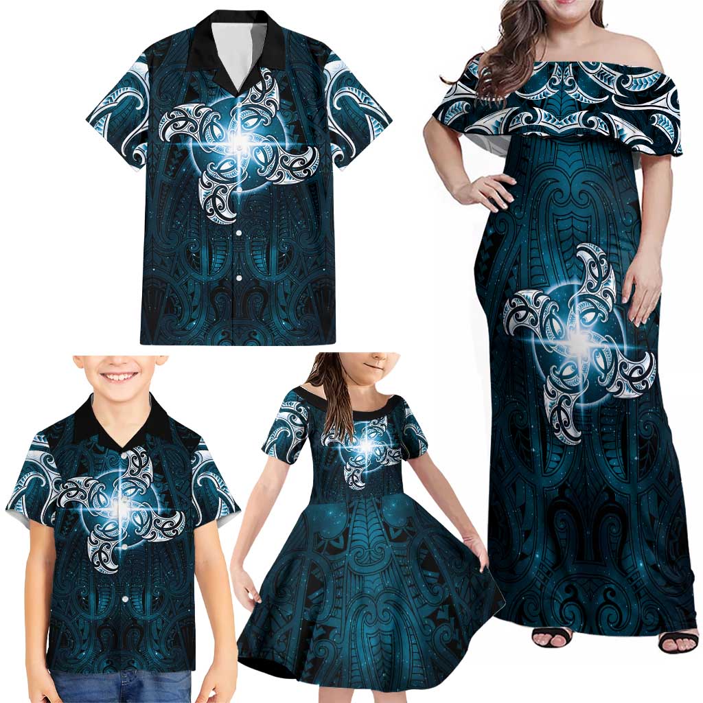 New Zealand Matariki Waita Family Matching Off Shoulder Maxi Dress and Hawaiian Shirt Maori Moko Dark Blue Galaxy