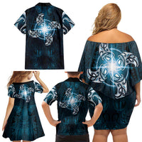 New Zealand Matariki Waita Family Matching Off Shoulder Short Dress and Hawaiian Shirt Maori Moko Dark Blue Galaxy