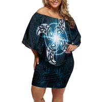 New Zealand Matariki Waita Family Matching Off Shoulder Short Dress and Hawaiian Shirt Maori Moko Dark Blue Galaxy