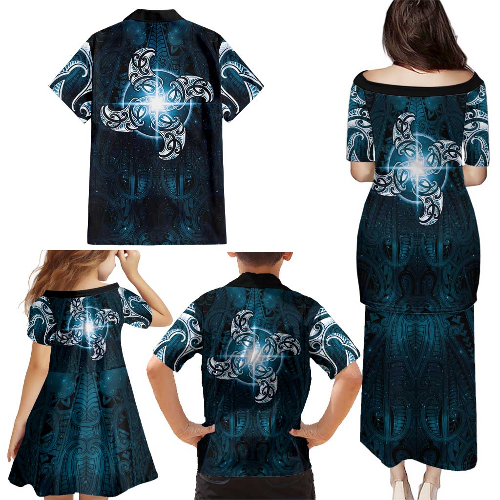 New Zealand Matariki Waita Family Matching Puletasi and Hawaiian Shirt Maori Moko Dark Blue Galaxy