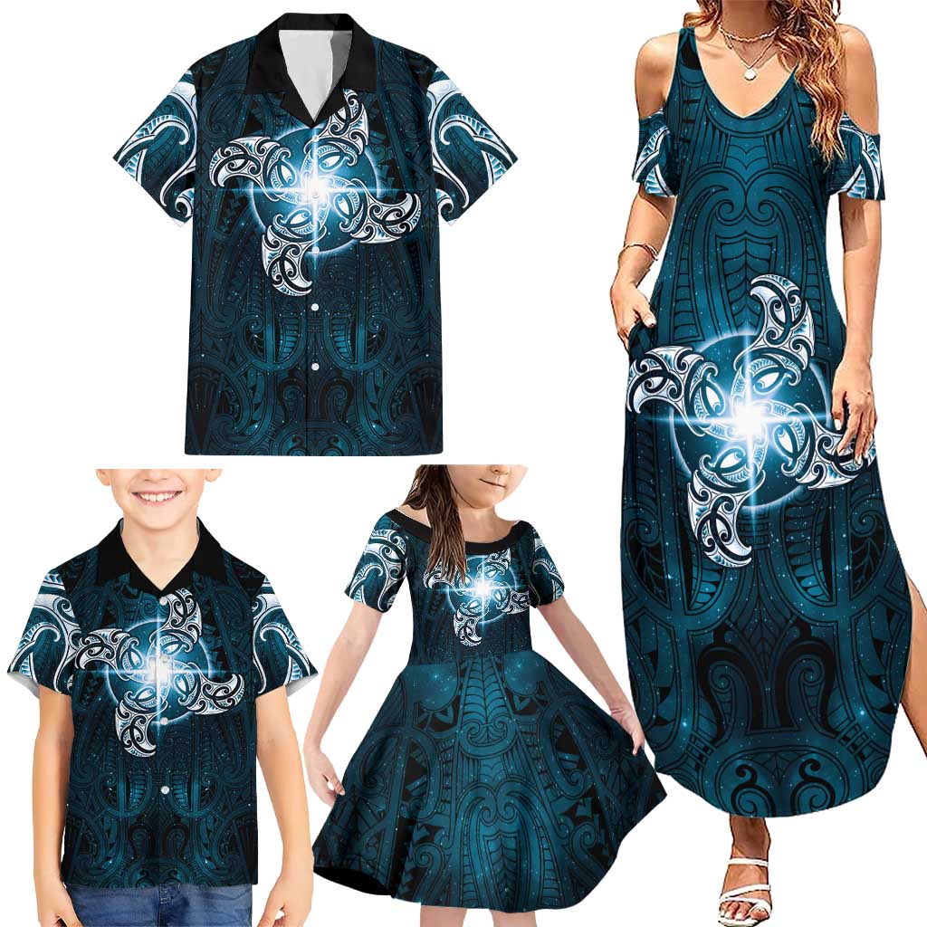 New Zealand Matariki Waita Family Matching Summer Maxi Dress and Hawaiian Shirt Maori Moko Dark Blue Galaxy