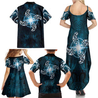 New Zealand Matariki Waita Family Matching Summer Maxi Dress and Hawaiian Shirt Maori Moko Dark Blue Galaxy