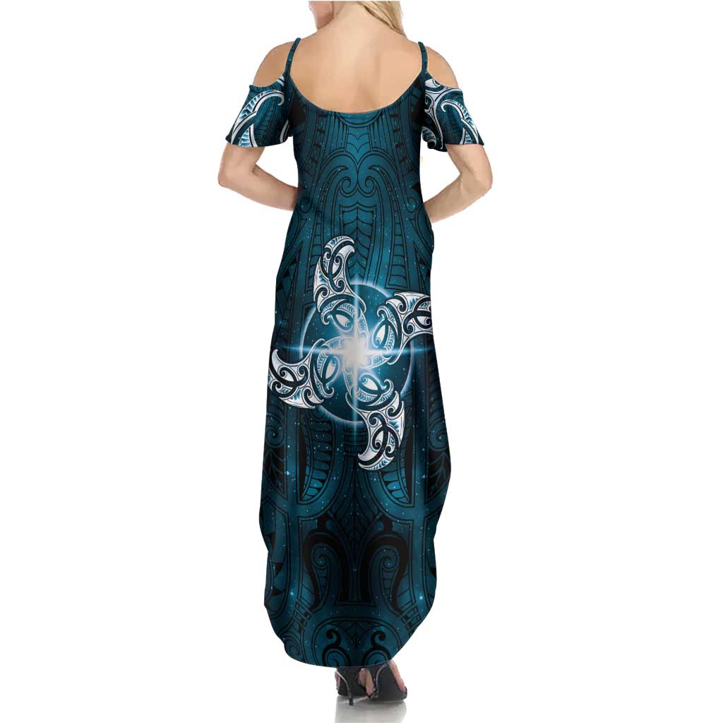 New Zealand Matariki Waita Family Matching Summer Maxi Dress and Hawaiian Shirt Maori Moko Dark Blue Galaxy